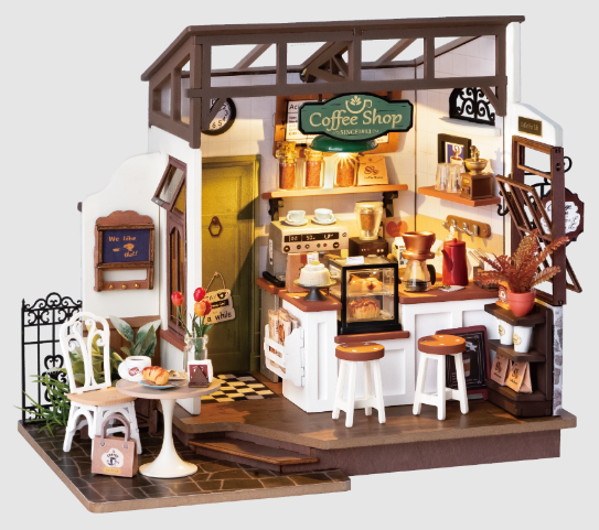 Assembled miniature model kit of a coffee shop.