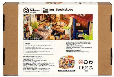 Back of package for Corner Bookstore Miniature kit.