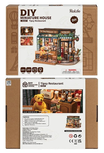 Packaging for the Tipsy Restaurant Miniature House showing the kit and close up details.