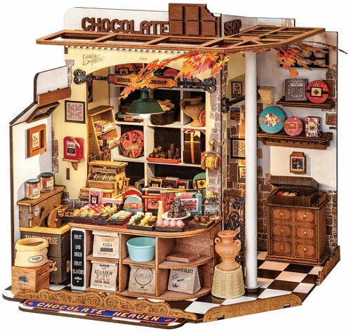 Asembled kit of Henry's Chocolate with shelves full of pretend chocolate packages.