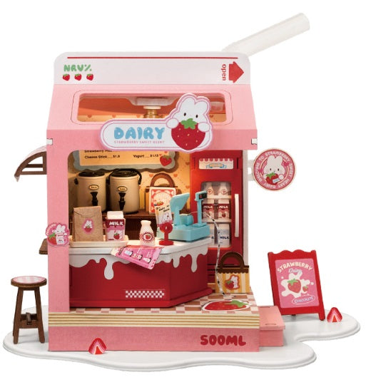 Miniature diorama of a cafe built inside a Strawberry Milk Box Model