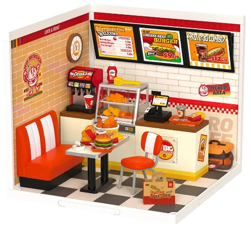 Assembled miniature kit of a fast food restaurant.