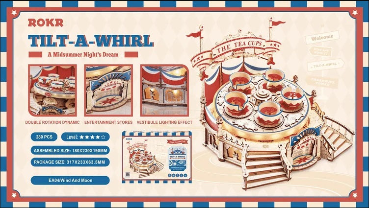 Packaging for a model kit of Tilt-A-Wirl style ride.
