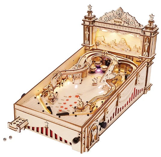 Laser Cut wooden model of a pinball machine.