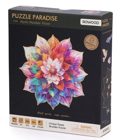 A packaged wooden puzzle depicting a colorful mandala flower design on the box.