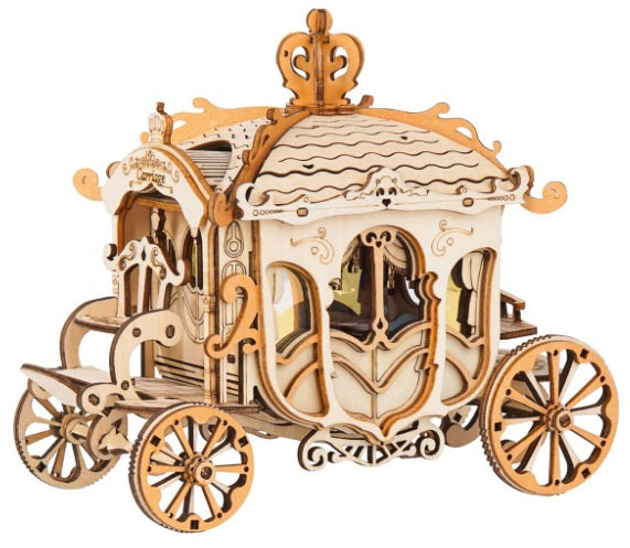 Model of a carriage built from laser cut wood pieces.