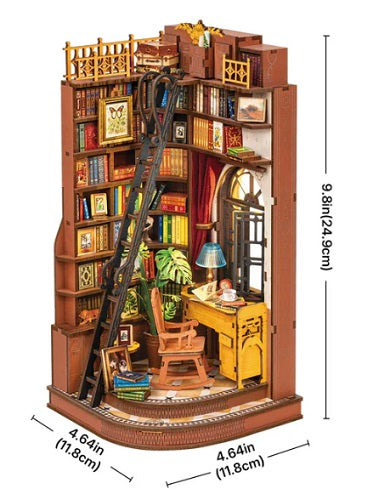Miniature bookshelf with desk and ladder.