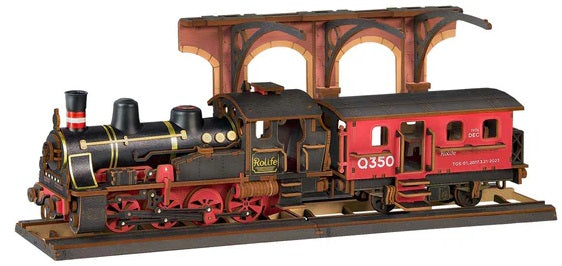 3D wooden model of a red and black steam train