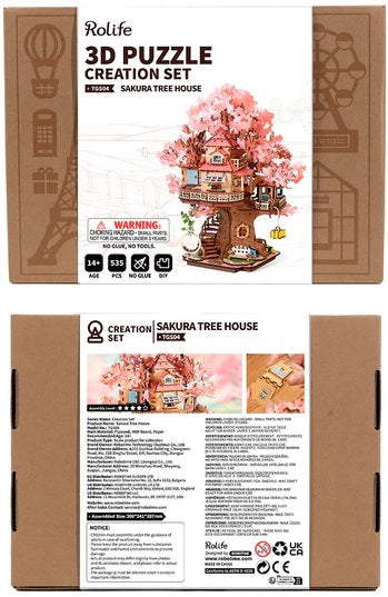 Rolife 3D puzzle creation set packaging with Sakura tree house design