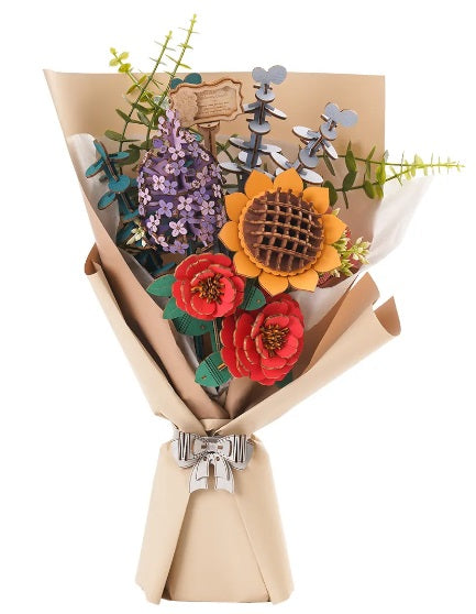 Wooden flower bouquet kit with a sunflower, carnations, lilac, and more.
