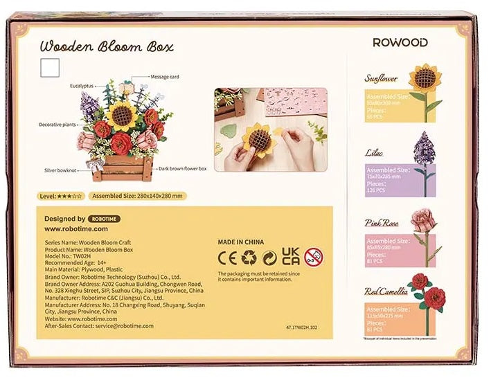 Back of packaging for Wooden Bloom Box showing the included flowers.