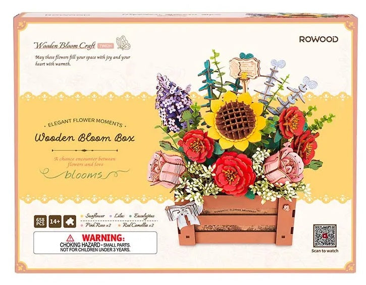 Packaging for Wooden Bloom Box wooden flower kit.
