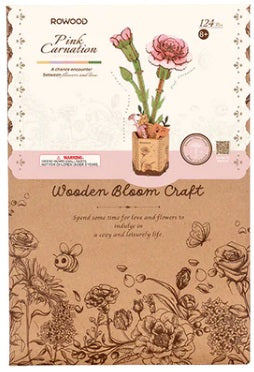 Packaging for laser cut 3d wooden model of a Pink Carnation.