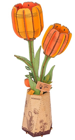 Assembled, laser cut wood Orange Tulip model