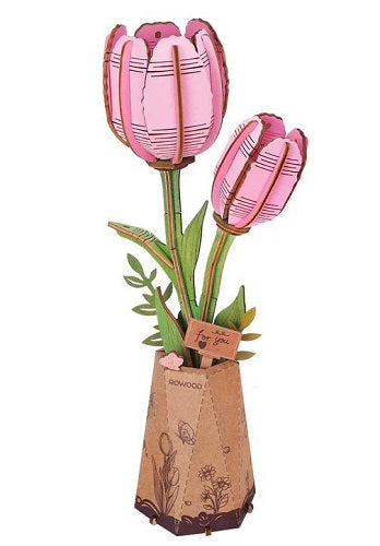 Pink tulips made of laser cut wood.