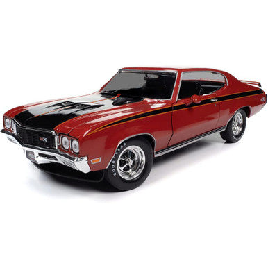 A 1/18 scale diecast model of a red 1972 Buick GSX with black stripes.