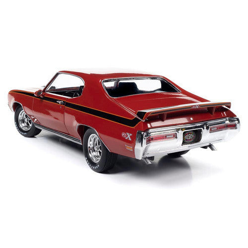 A 1/18 scale diecast model of a red 1972 Buick GSX with black stripes.