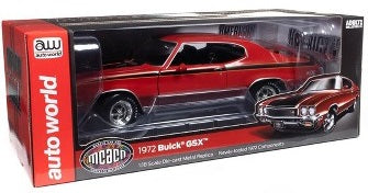 A 1/18 scale diecast model of a red 1972 Buick GSX with black stripes in a package with a clear display window.