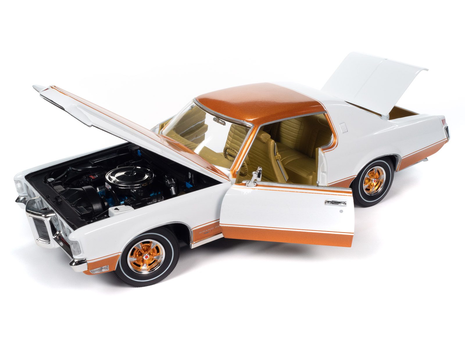 1/18 scale model of a 1969 Pontiac Grand Prix Royal Bobcat showing opening doors, hood, and trunk.