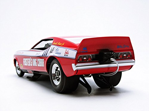 1/18 scale model of a 1972 Ford Mustang NHRA Funny Car with red and white stripes and 'Foster's King Cobra' text.