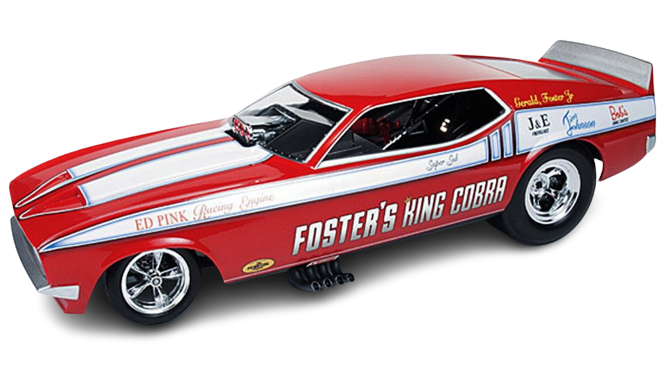 1/18 scale model of a 1972 Ford Mustang NHRA Funny Car with red and white stripes and 'Foster's King Cobra' text.