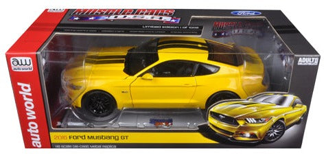 A 1/18 scale diecast model of a 2016 Mustagng GT yellow in color with 2 black stripes down the center in a package with a clear display window.