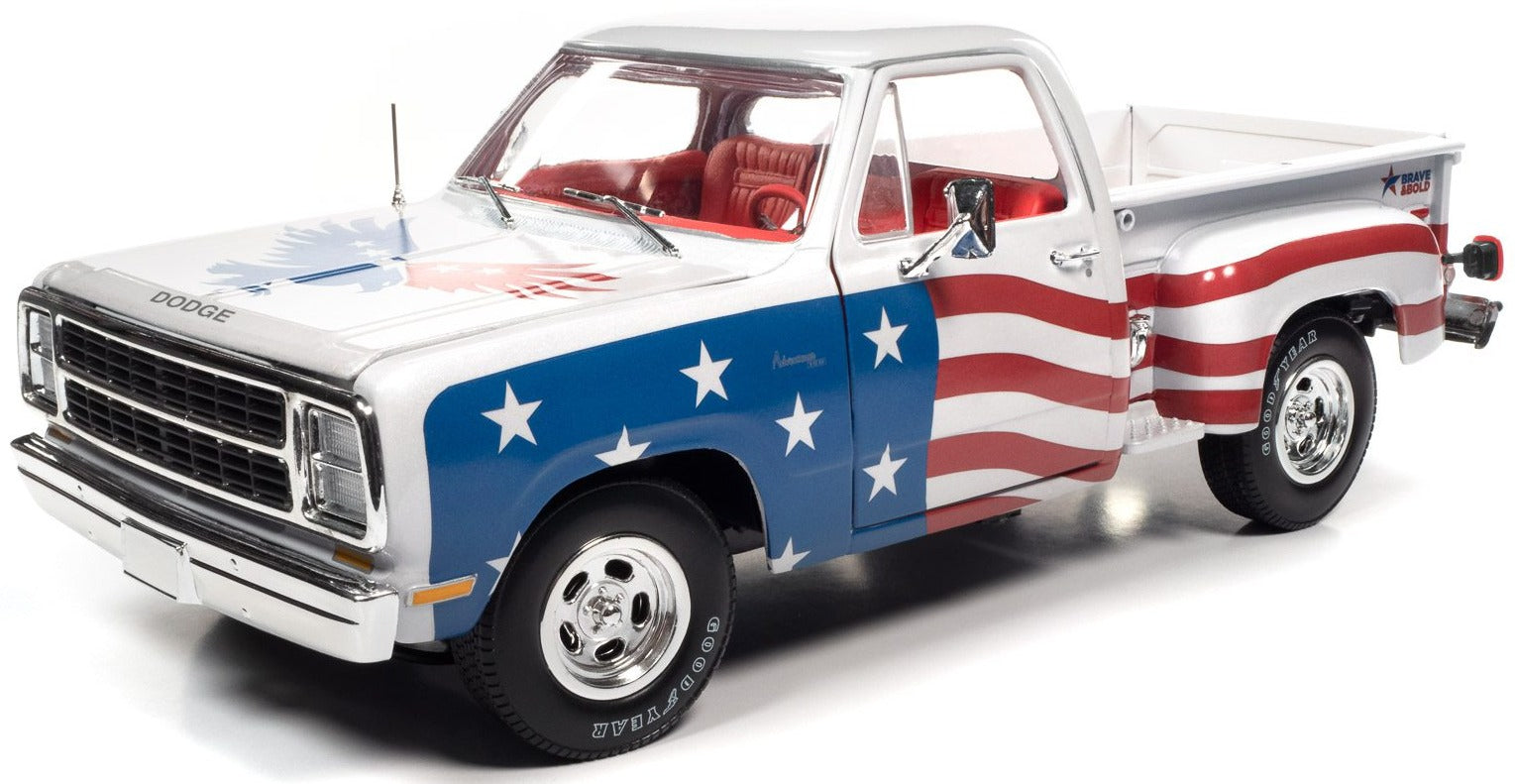 A 1/18 scale diecast model of 1980 Dodge Step Side Pick up truck with Patriotic red, white, and Blue paint scheme.