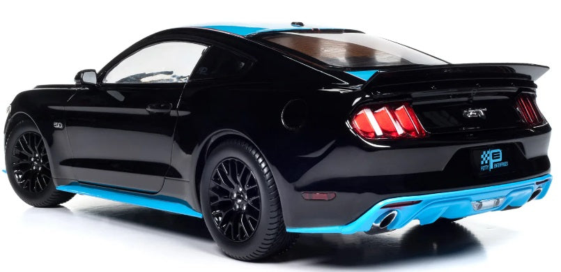 1/18 scale diecast model car of 2016 Ford Mustang GT black with blue stripes.