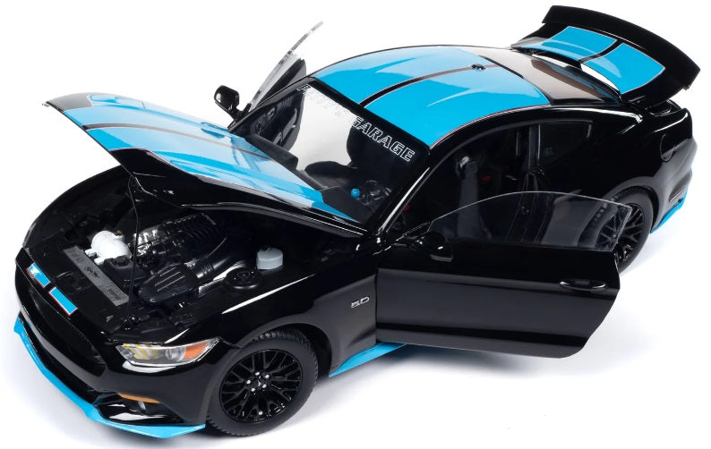 1/18 scale diecast model car of 2016 Ford Mustang GT black with blue stripes showing open hood, doors, and trunk.
