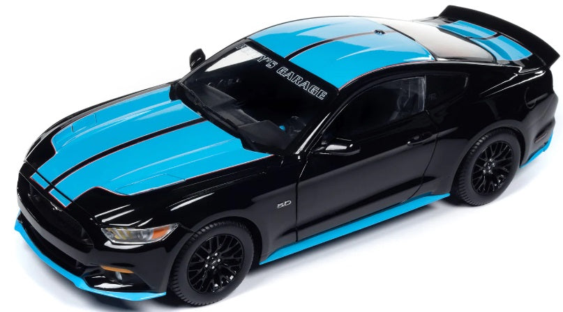 1/18 scale diecast model car of 2016 Ford Mustang GT black with blue stripes.