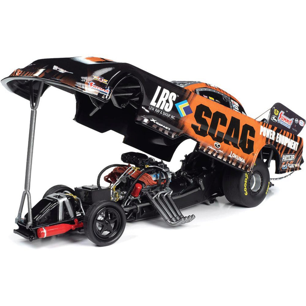 1/24 scale model of orange and black SCAG Funny Car with the body lifted up over the chassis.