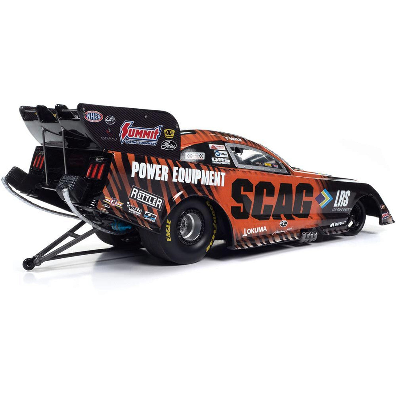 1/24 scale model of orange and black SCAG Funny Car.