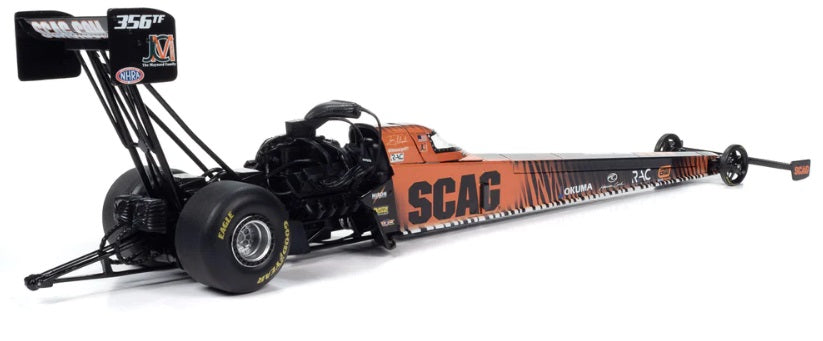 Scale model of Top Fuel Dragster orange and black in color.