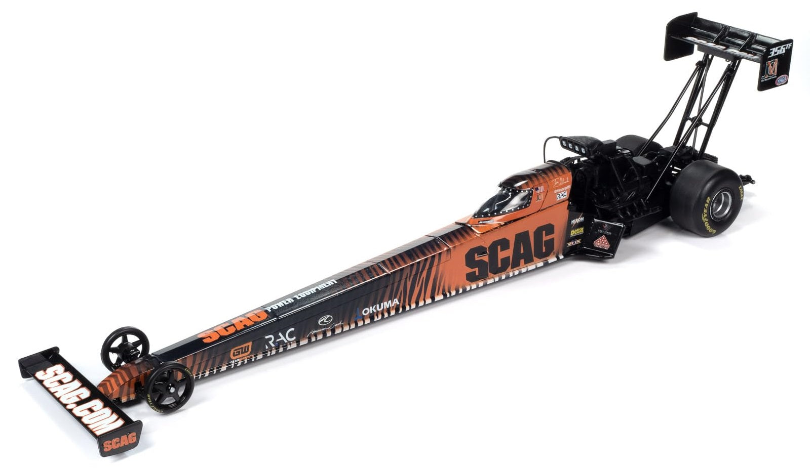 Scale model of Top Fuel Dragster orange and black in color.