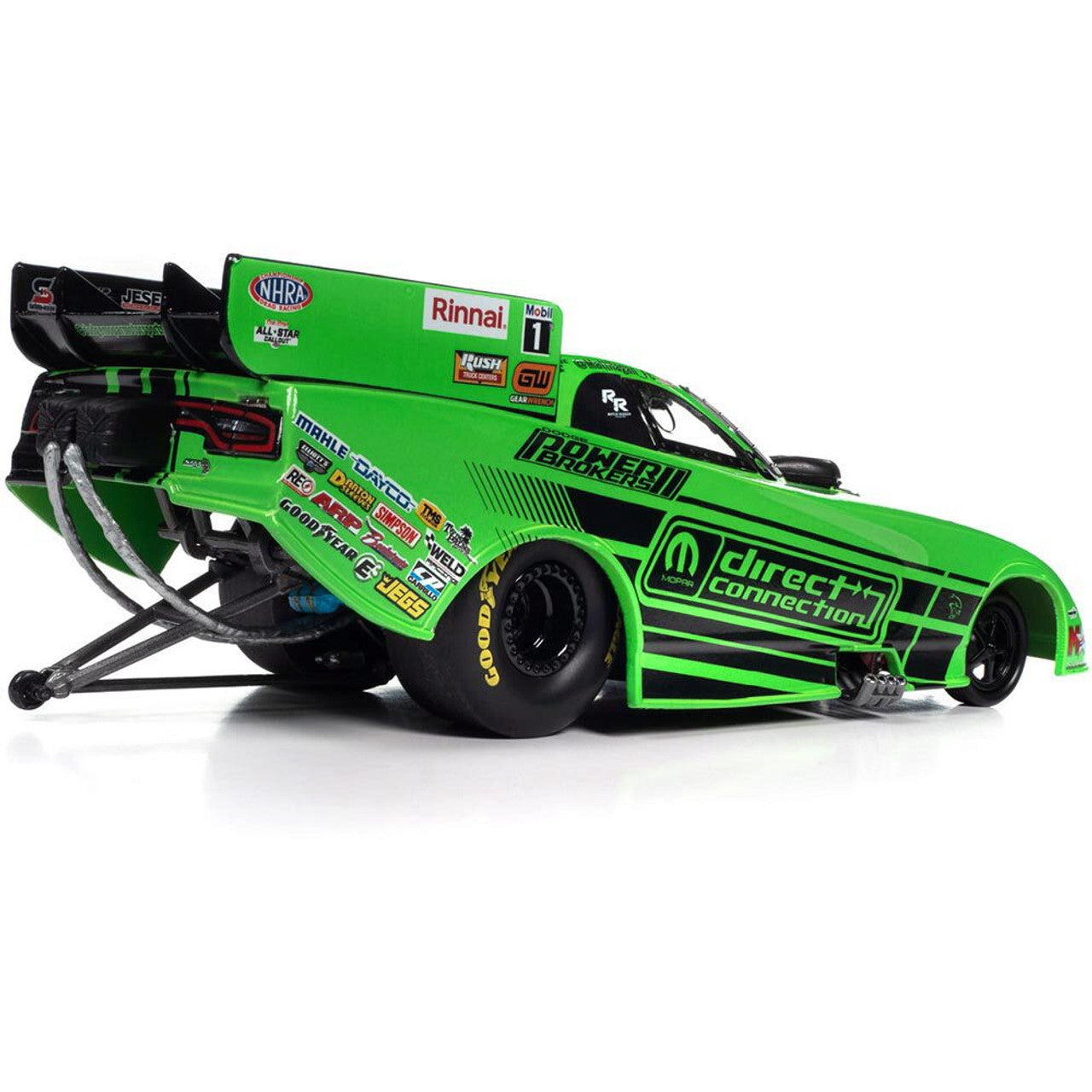 2023 NHRA Funny car in black and green paint scheme.