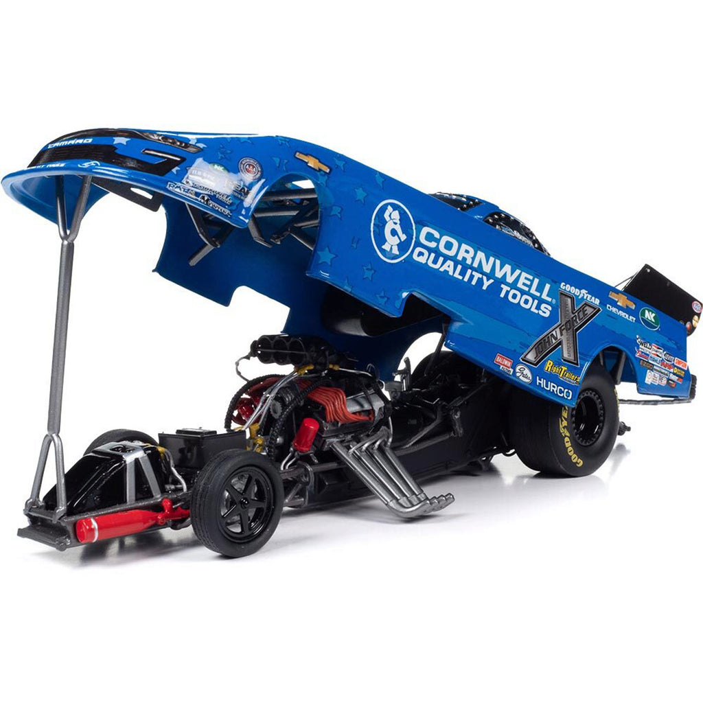 1/24 scale model of 2023 Robert Hight "Cornwell" Funny Car showing the body lifted up over the chassis.