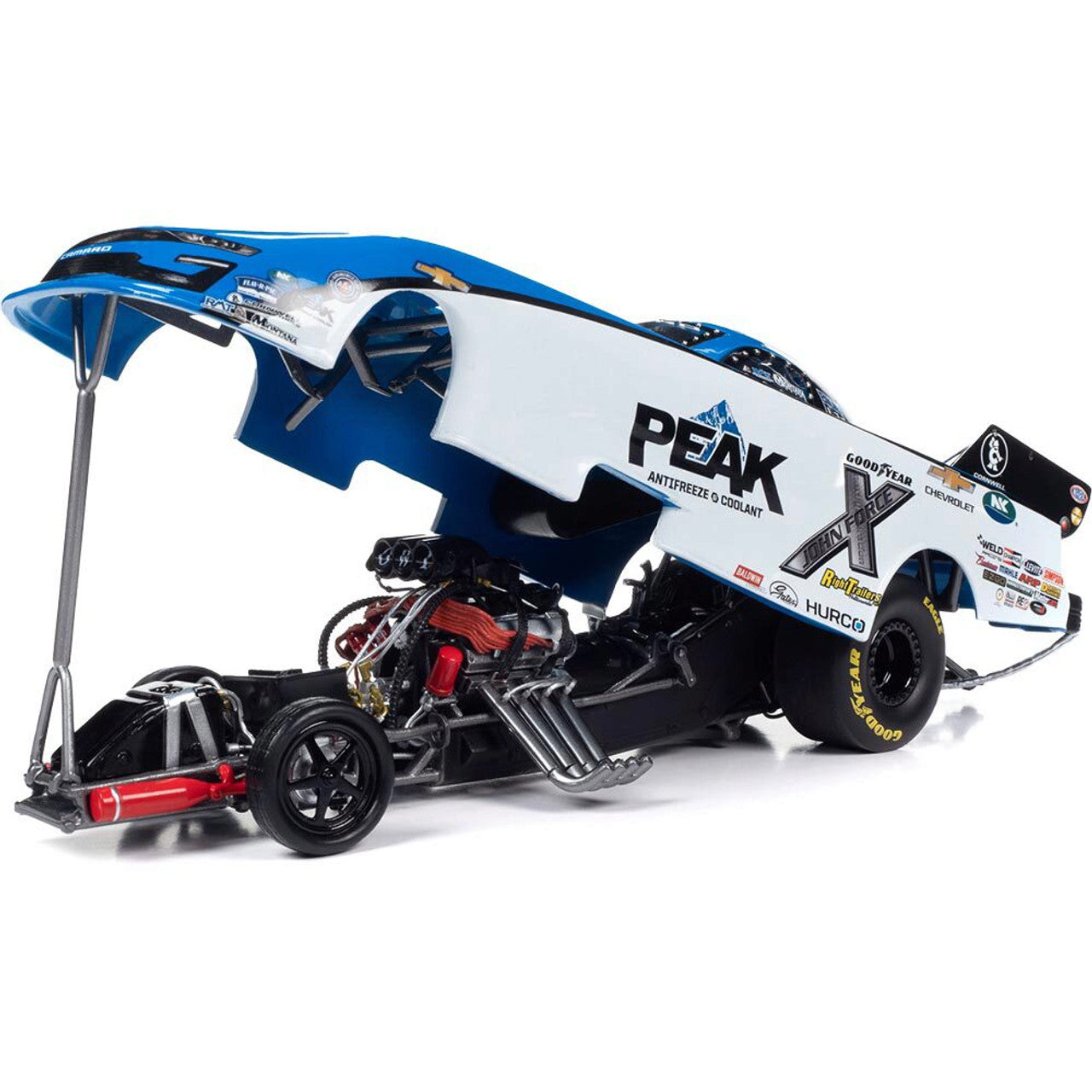 1/24 scale model of 2023 John Force "Peak" Funny Car showing the body lifted up over the chassis.