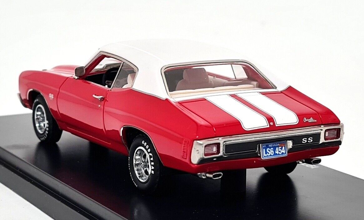 1/43 scale model of a 1970 Chevrolet Chevelle SS 454 in red with white roof and white stripes.