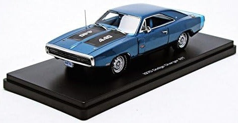 A resin model of blue 1970 Dodge Charger RT.