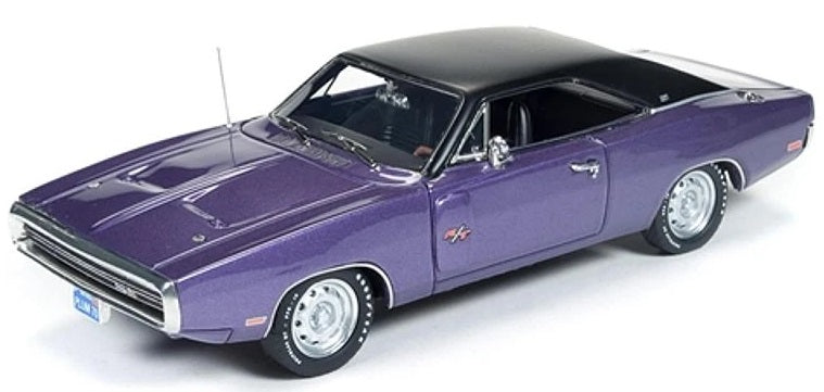 1/43 scale model of a 1970 Dodge Charger R/T in purple with a black roof.