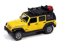 1/64 scale model of a yellow 4 door Jeep Wrangler with a roof rack.
