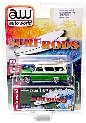 Green Chevy Suburban model car in clam shell package with pictures of surfboards and palm trees.