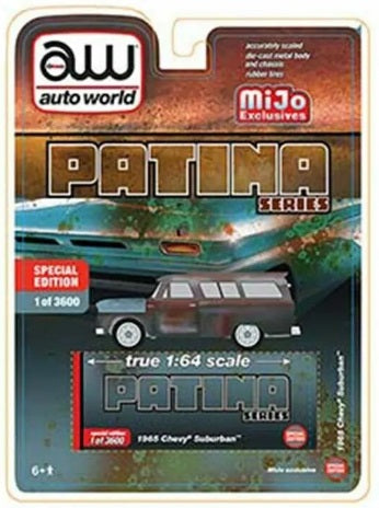 Mock up of packaging for a 1/64 scale model of a 1965 Chevy Suburban with a rust and patina theme.