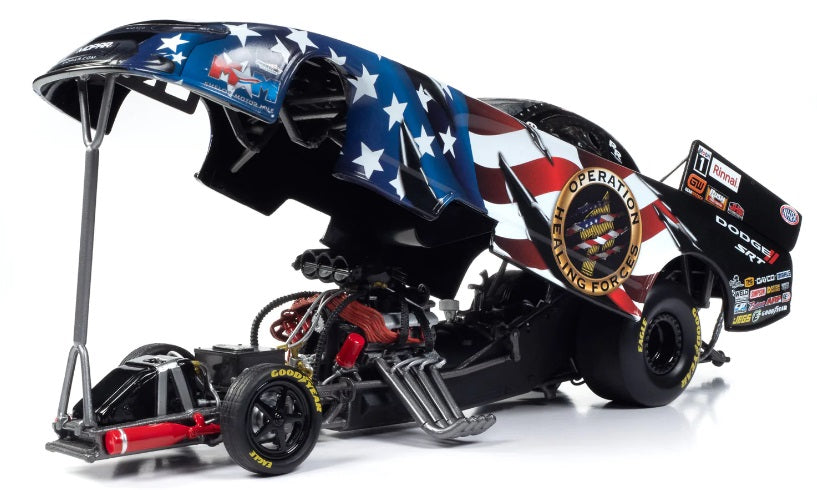 1/24 scale model of NHRA Funny Car with the body lifted over the chassis.