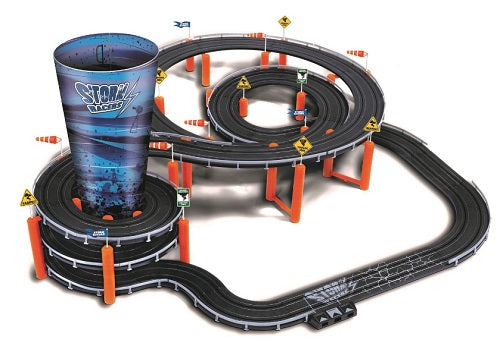 Slot car race track with loops.