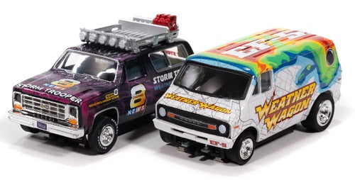 Two cars with colorsful designs.