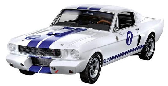 Completed 1966 Shelby GT 350 R plastic model kit painted white with blue stripes and the number 7 graphics.