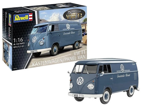 Completed Revell brand plastic model kit of VW T1 Panel Van with box in background.