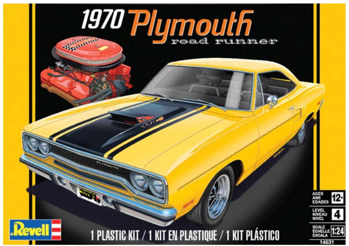 Box art showing illustrated 1970 Plymouth Road Runner in yellow on black background and an enlarged view of the engine.
