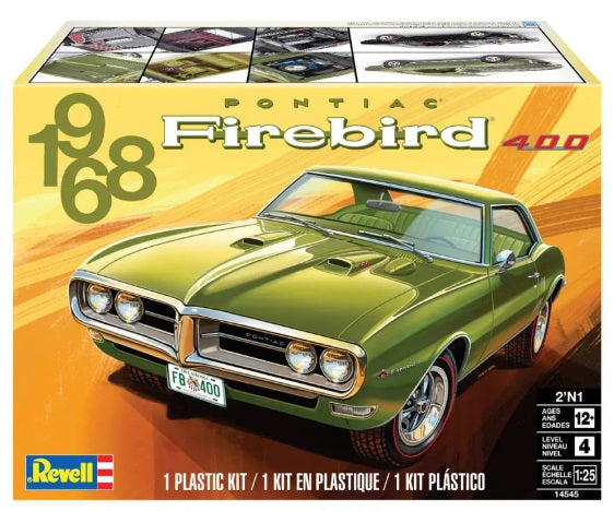 Box art for a 1/25 scale model kit of a 1968 Pontiac Firebird 2-in-1 version, showing the model in green color with authentic details and a Revell logo.